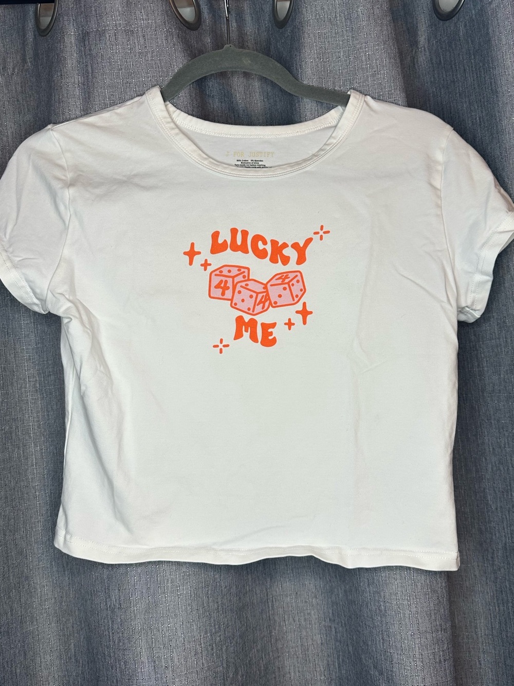 J for Justify White Tee with Bright Orange "Lucky Me" Dice Graphic